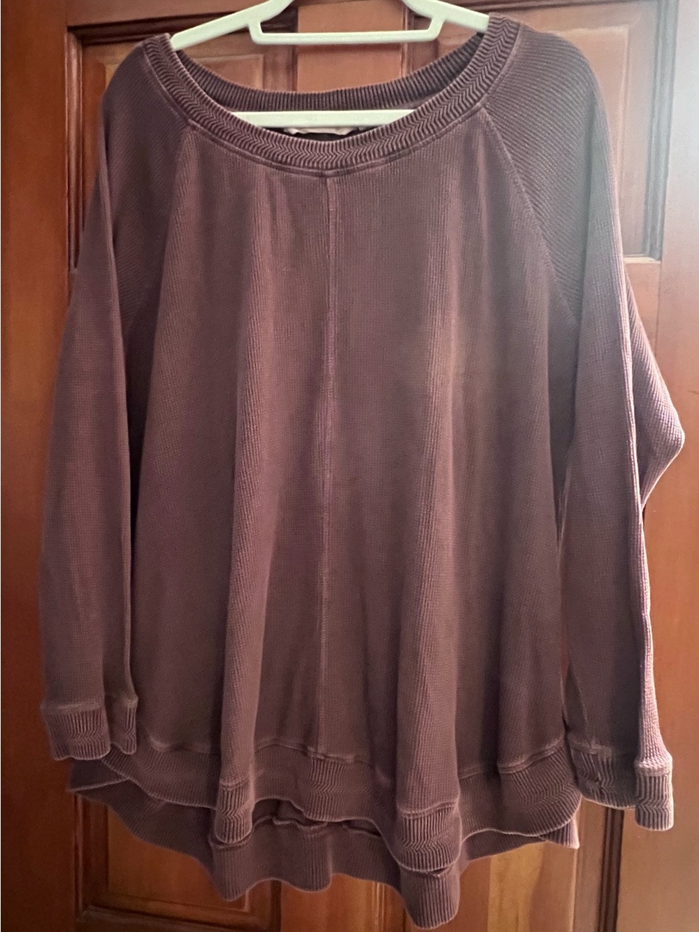 Soft Surroundings Relaxed Rib-Trim Pullover in purple.